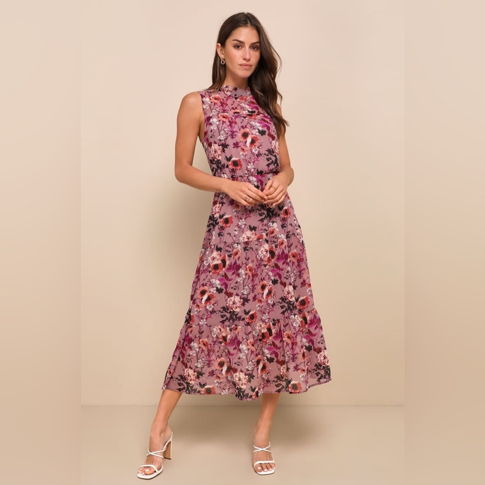 Lulus In My Dreams Mauve Floral Print Midi Dress Purple - Size L